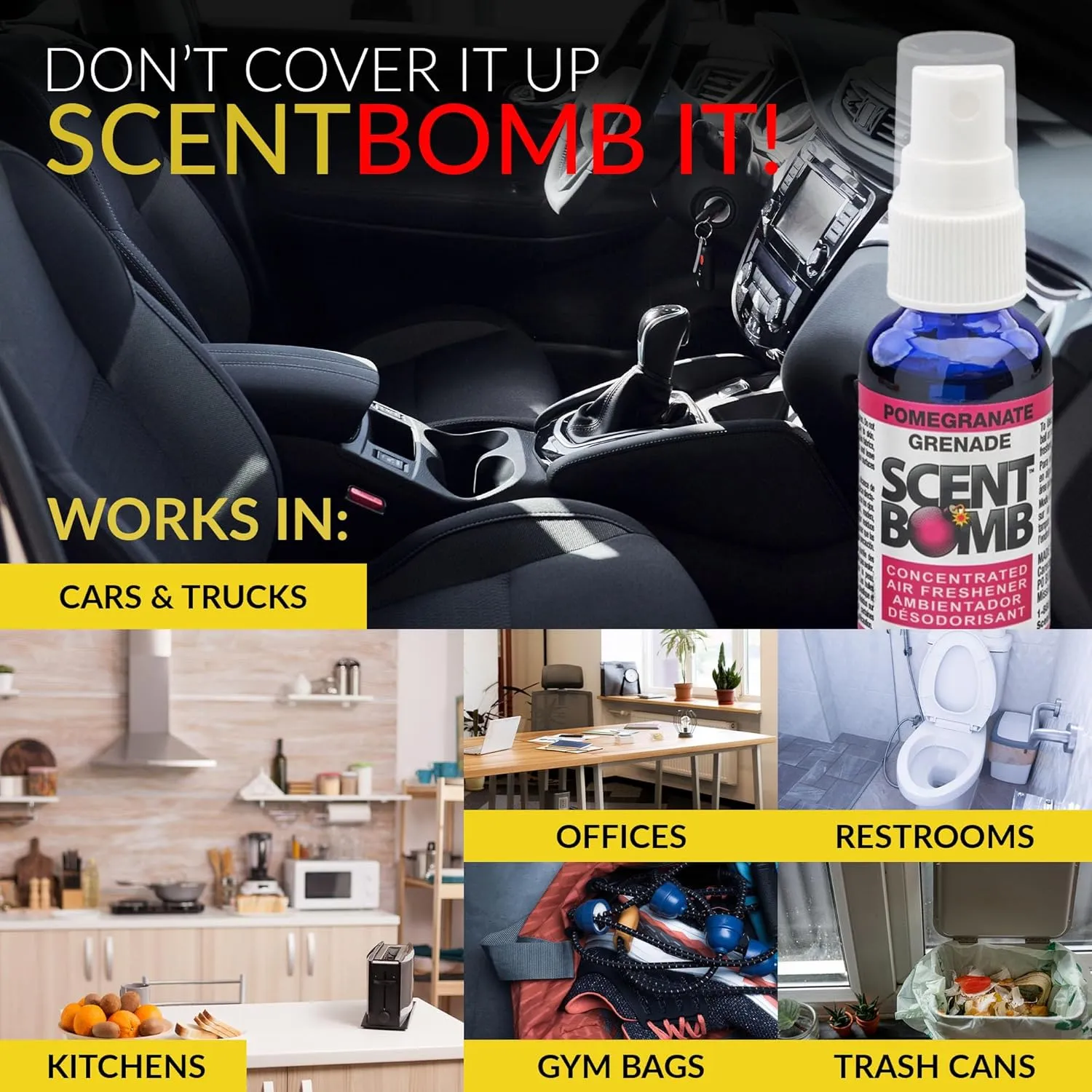 Scent Bomb Air Freshener Spray, Long-Lasting Odor Eliminator - Effective Deodorizer for Home & Car, Fresh Room Spray for Kitchen, Bathroom & Smell Neutralizer - 1 oz Pack of 4, Pomegranate Scent