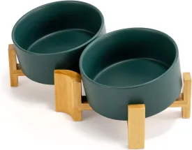 SPUNKYJUNKY 15 Slanted Ceramic Dog and Cat Bowl with Wooden Stand, Tilted Bulldog Food and Water Bowl No Slip Non-Spill for Cats Medium Dogs Big Face Pets 28.7 OZ (3.6 Cups, Green  2)