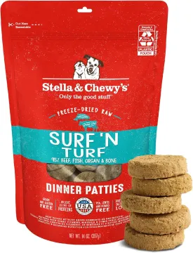 Stella & Chewy's Freeze-Dried Raw Dinner Patties - Surf 'N Turf Salmon & Beef Recipe - High Protein Grain-Free Puppy & Dog Food - Perfect For Picky Eaters - 14 oz