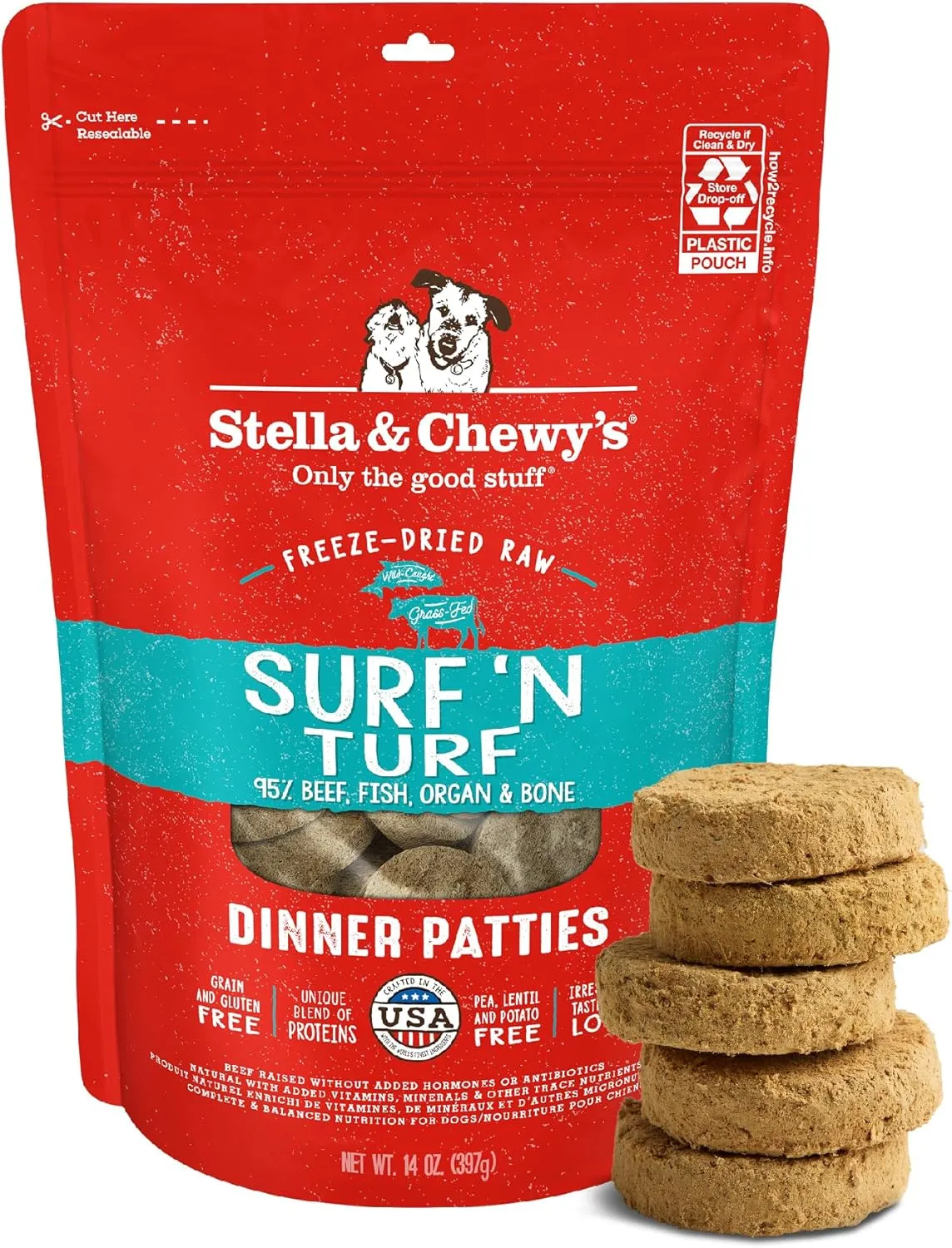 Stella & Chewy's Freeze-Dried Raw Dinner Patties - Surf 'N Turf Salmon & Beef Recipe - High Protein Grain-Free Puppy & Dog Food - Perfect For Picky Eaters - 14 oz