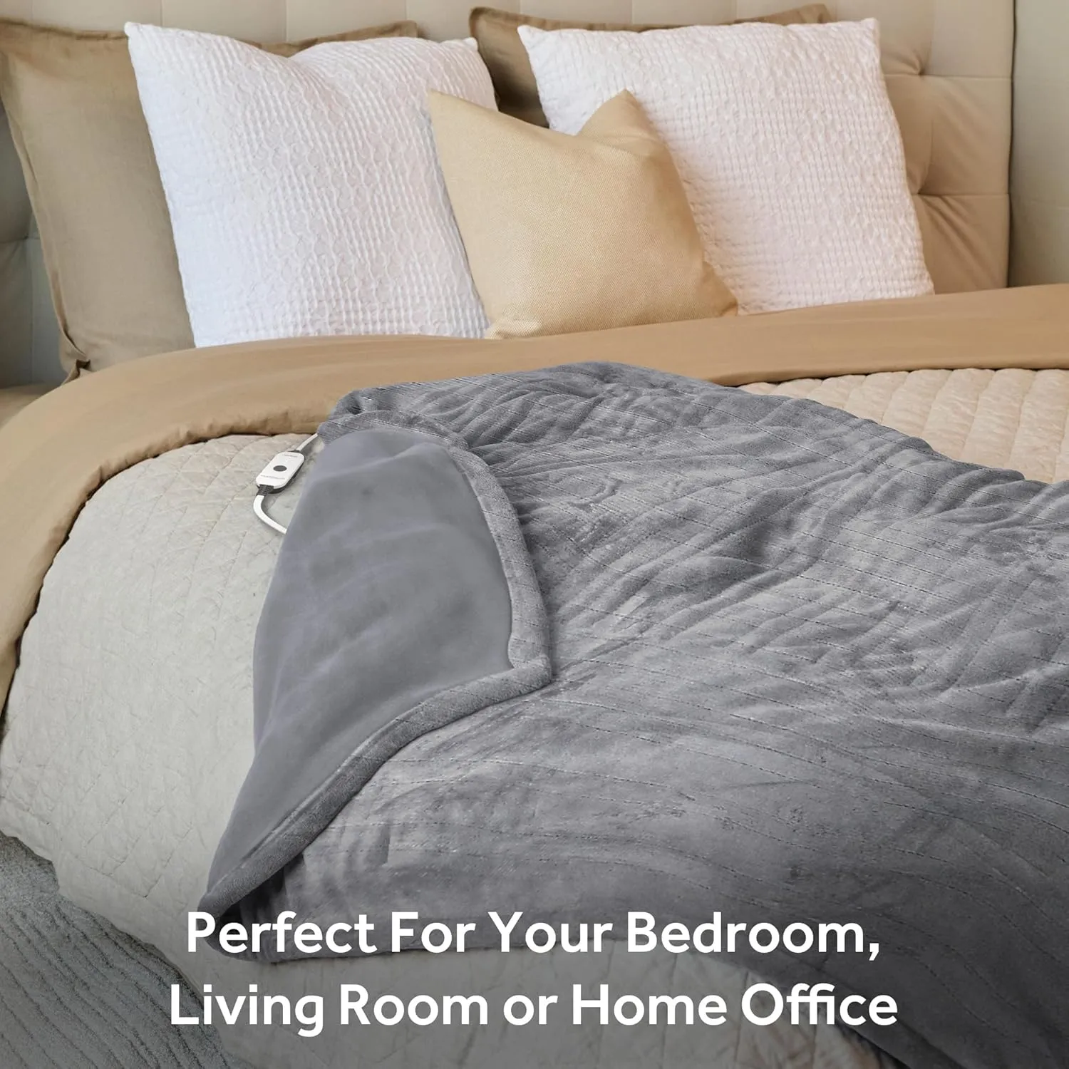Sunbeam Royal Posh Dove Grey Heated Personal Throw / Blanket, Cozy-Warm, Adjustable Heat Settings