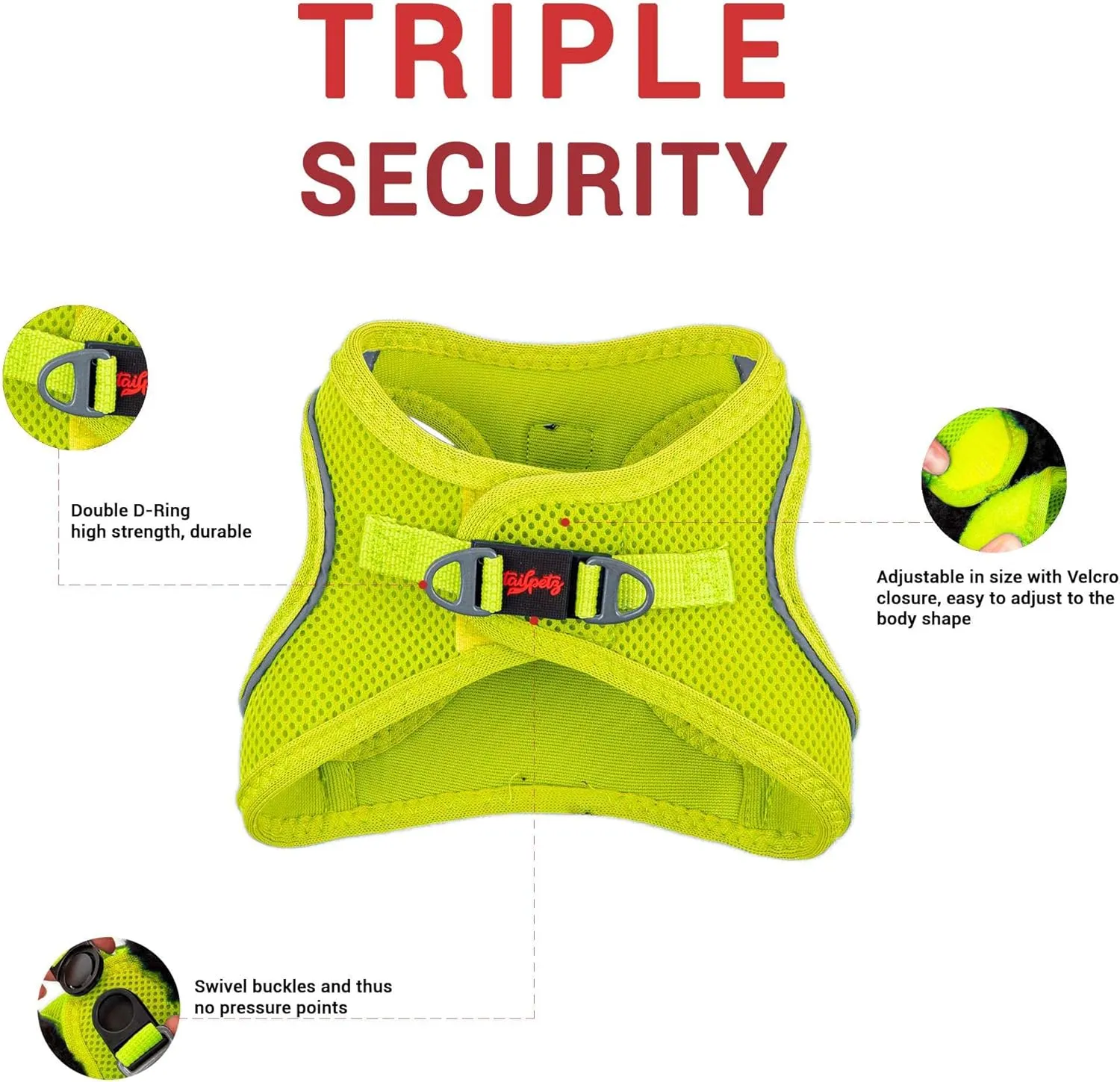 Tailpetz Dog Harness with Breathable Mesh, Reflective, Step-in, No Pull Dog Vest Harness for Small and Medium Dogs and Cats, Neon Lime, M