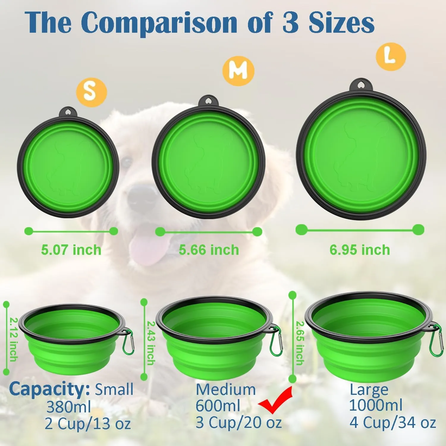 Takfox Collapsible Dog Bowls [2 Pack] 20 oz, Travel Dog Bowls, Pet Bowl Portable Foldable Water Food Feeding Dishes with Carabiner Clip for Traveling Hiking Walking-Green & Blue
