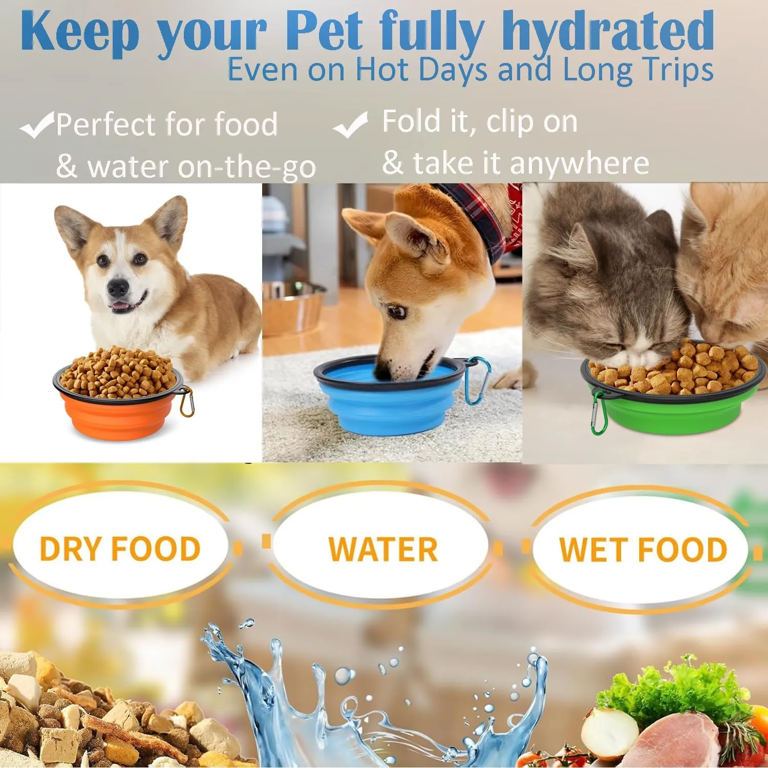 Takfox Collapsible Dog Bowls [2 Pack] 20 oz, Travel Dog Bowls, Pet Bowl Portable Foldable Water Food Feeding Dishes with Carabiner Clip for Traveling Hiking Walking-Green & Blue