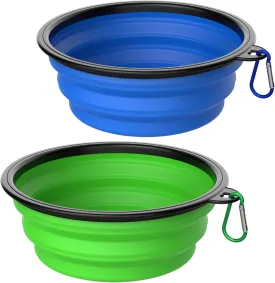 Takfox Collapsible Dog Bowls [2 Pack] 20 oz, Travel Dog Bowls, Pet Bowl Portable Foldable Water Food Feeding Dishes with Carabiner Clip for Traveling Hiking Walking-Green & Blue