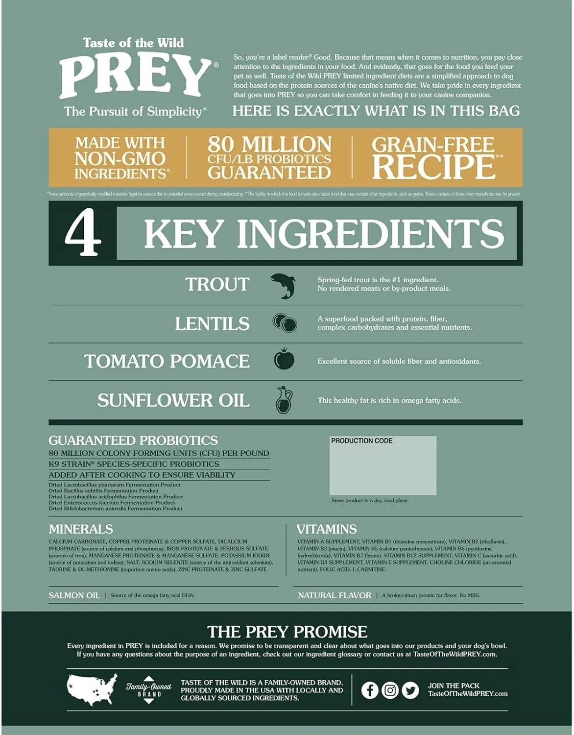 Taste of the Wild PREY Real Meat High Protein Trout Limited Ingredient Dry Dog Food Grain-Free Recipe Made with Real Spring-Fed Trout, and Includes Probiotics for All Life Stages 25 lb