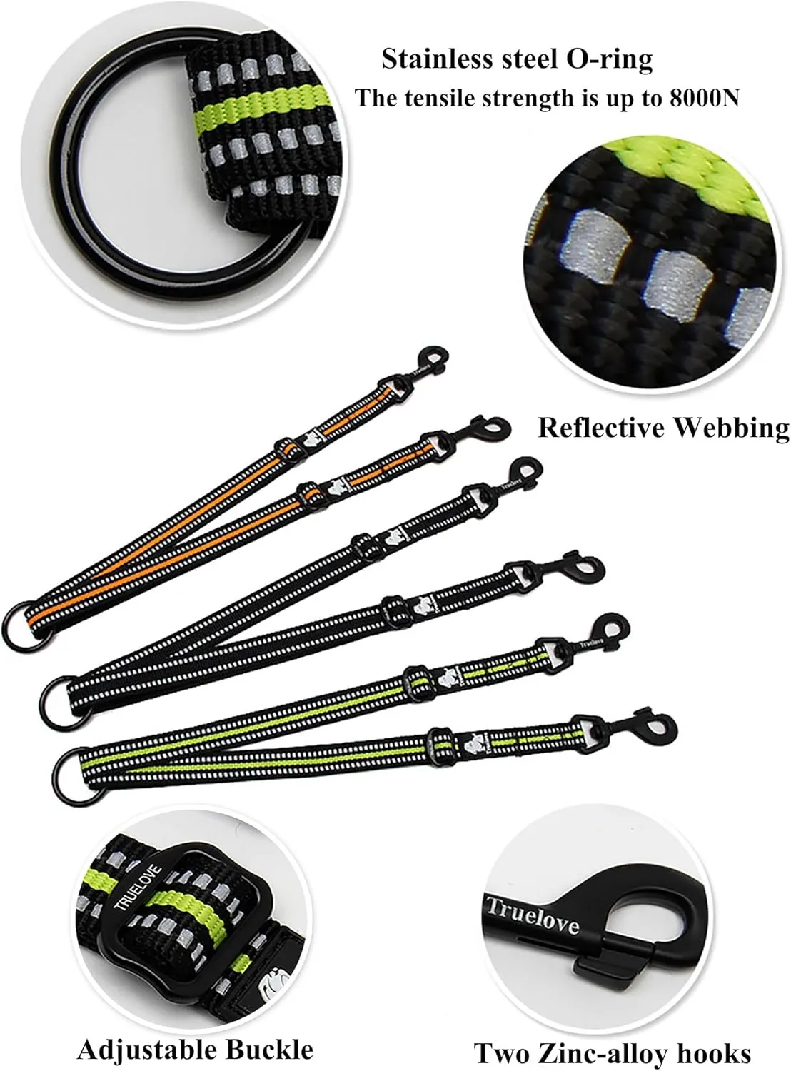 TRUE LOVE Double Dog Coupler Dual Leash Splitter Tangle Free Reflective Adjustable Dog Double Leashes Walking and Training Extension Cord for Two Dogs TLL2371 (Black, L)