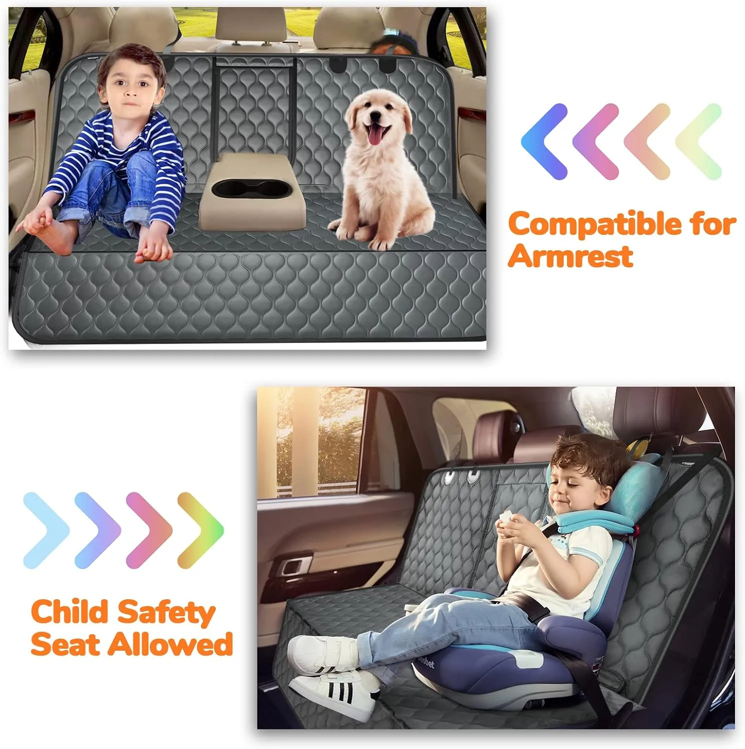 URPOWER Dog Car Seat Cover for Back Seat - Waterproof Dog Bench Cover Fits Middle Armrest for Cars, SUVs & Small Trucks, Nonslip Backseat Protector for Pets and Kids