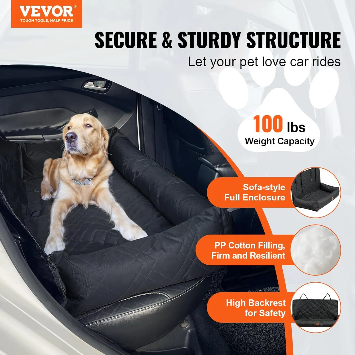 VEVOR Dog Car Seat, Waterproof Dog Booster Seat for Car, Pet Seat with Clip-On Safety Leash for Vehicle, PP Cotton Filling, Bed for Medium & Large Pet up to 100 lbs, Black