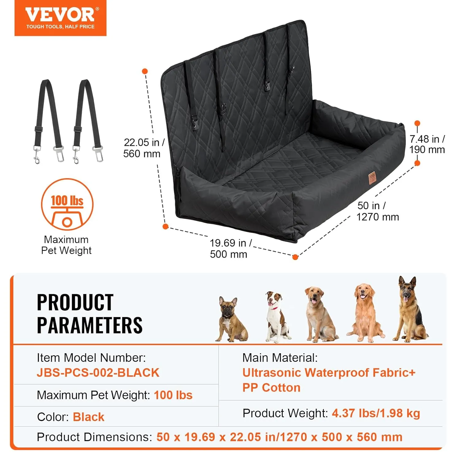 VEVOR Dog Car Seat, Waterproof Dog Booster Seat for Car, Pet Seat with Clip-On Safety Leash for Vehicle, PP Cotton Filling, Bed for Medium & Large Pet up to 100 lbs, Black