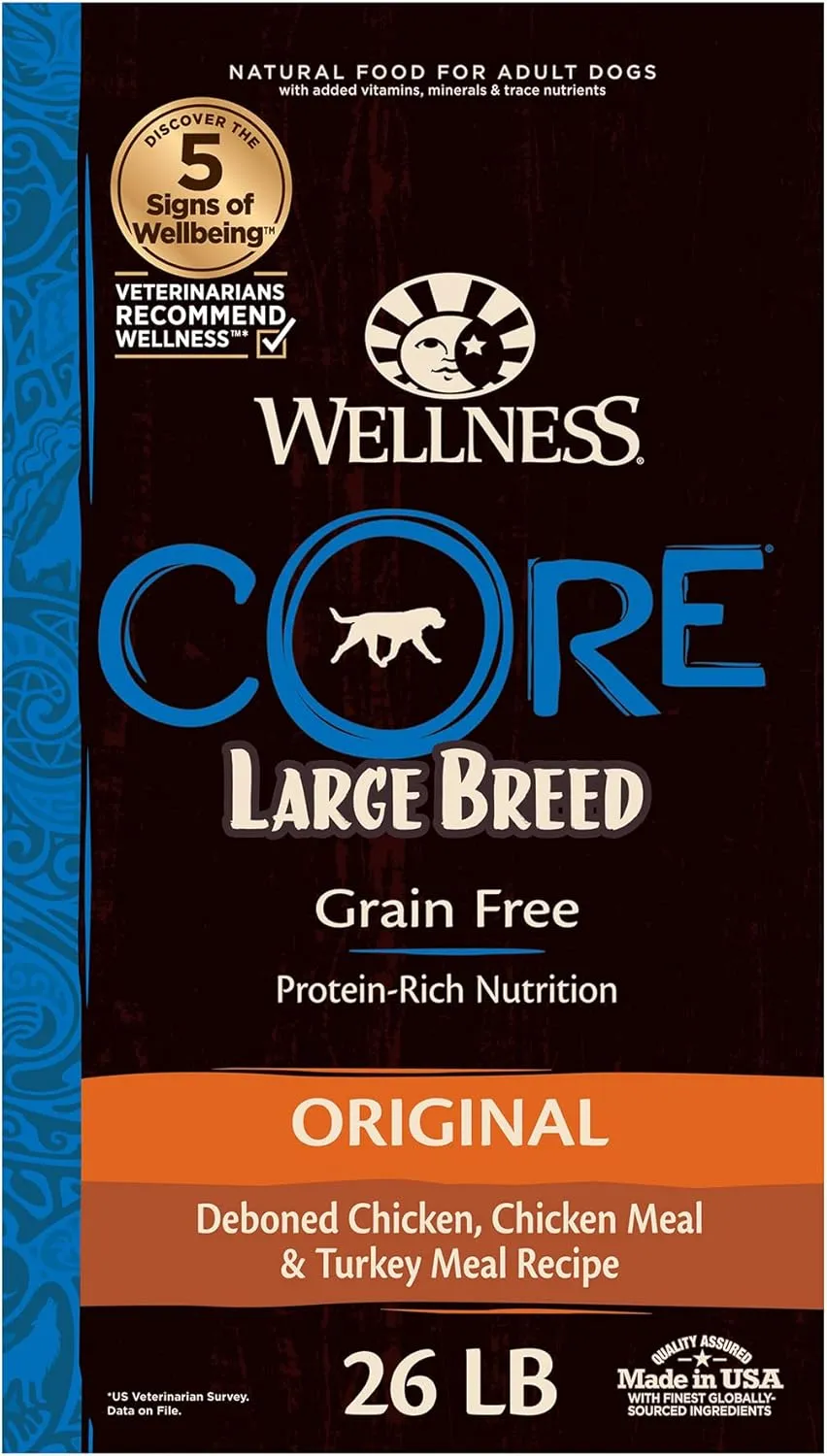 Wellness CORE Dry Dog Food, Large Breed, Grain-Free, High Protein, Natural, Original Chicken & Turkey Recipe, (26-Pound Bag)